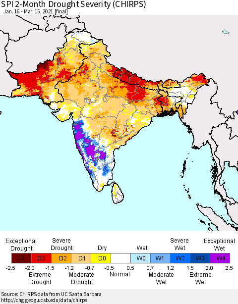 Southern Asia SPI 2-Month Drought Severity (CHIRPS) Thematic Map For 1/16/2021 - 3/15/2021