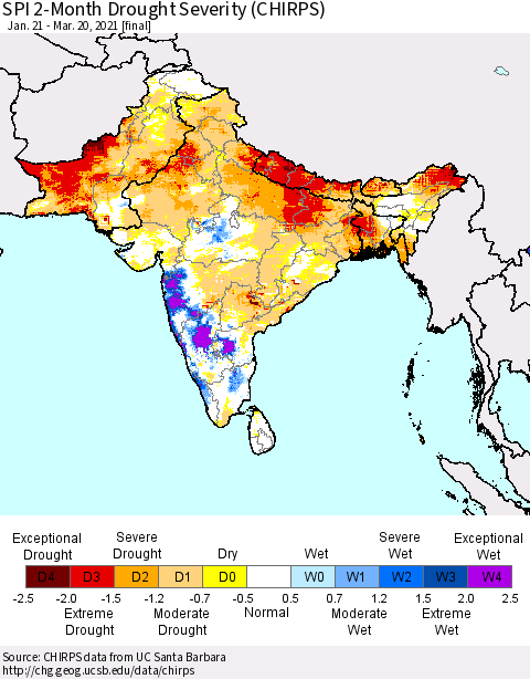 Southern Asia SPI 2-Month Drought Severity (CHIRPS) Thematic Map For 1/21/2021 - 3/20/2021