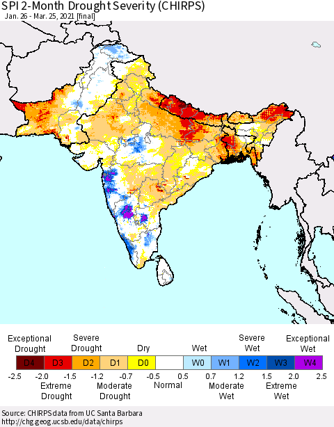 Southern Asia SPI 2-Month Drought Severity (CHIRPS) Thematic Map For 1/26/2021 - 3/25/2021