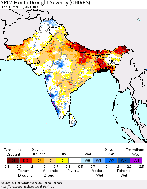 Southern Asia SPI 2-Month Drought Severity (CHIRPS) Thematic Map For 2/1/2021 - 3/31/2021