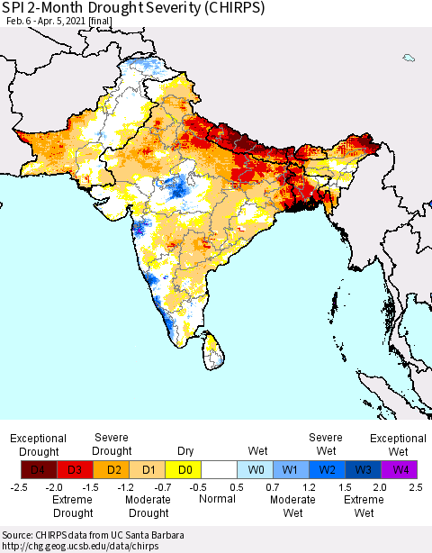 Southern Asia SPI 2-Month Drought Severity (CHIRPS) Thematic Map For 2/6/2021 - 4/5/2021