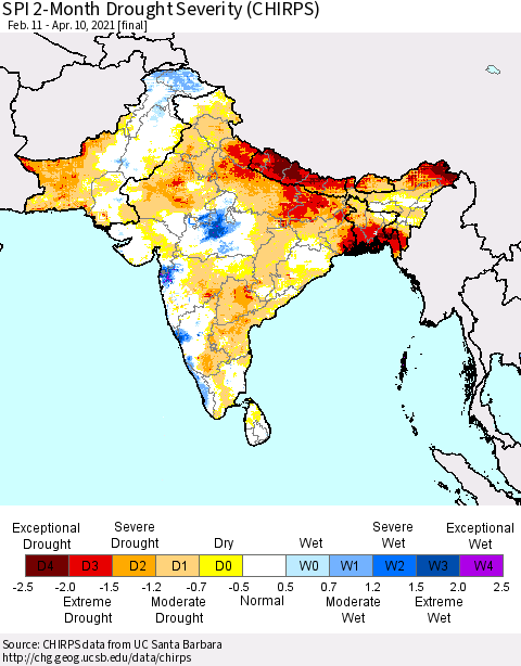 Southern Asia SPI 2-Month Drought Severity (CHIRPS) Thematic Map For 2/11/2021 - 4/10/2021