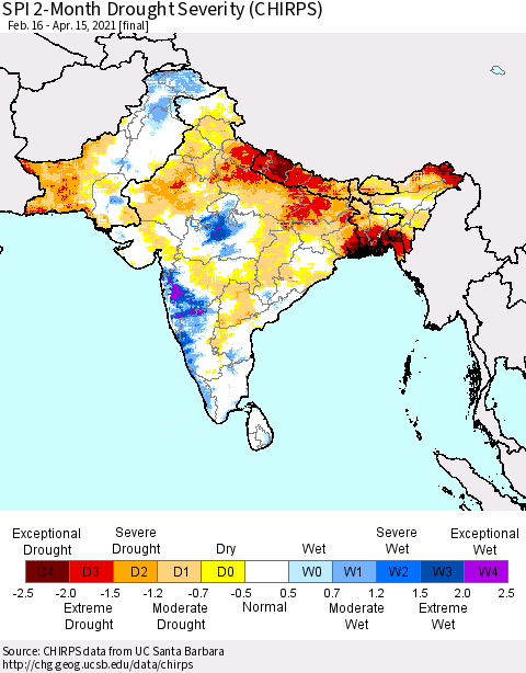 Southern Asia SPI 2-Month Drought Severity (CHIRPS) Thematic Map For 2/16/2021 - 4/15/2021
