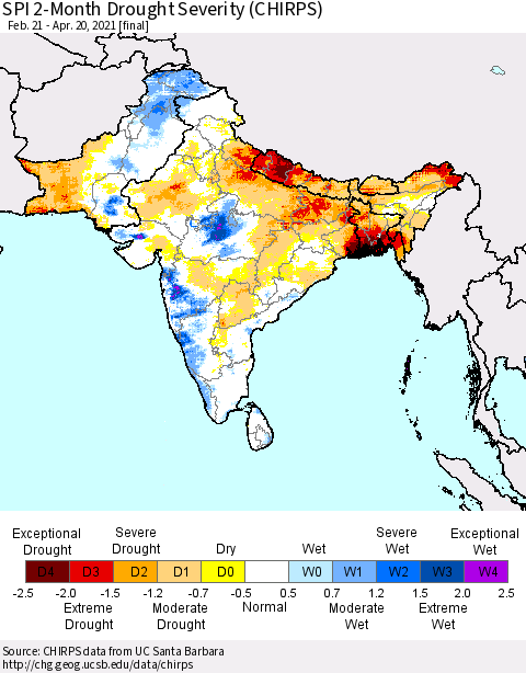 Southern Asia SPI 2-Month Drought Severity (CHIRPS) Thematic Map For 2/21/2021 - 4/20/2021