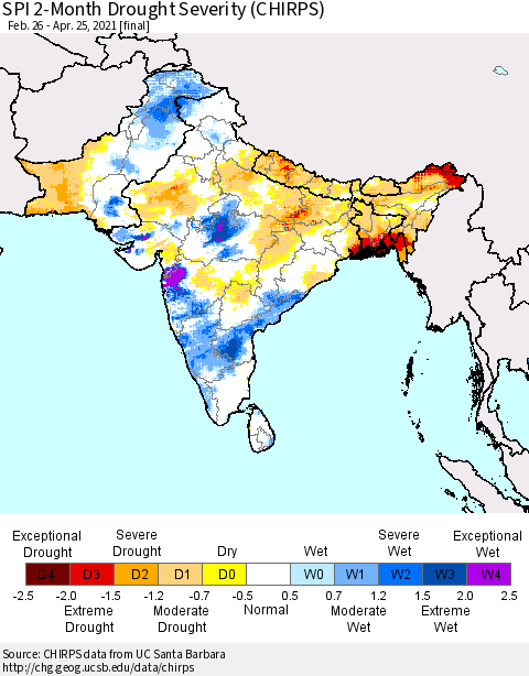 Southern Asia SPI 2-Month Drought Severity (CHIRPS) Thematic Map For 2/26/2021 - 4/25/2021