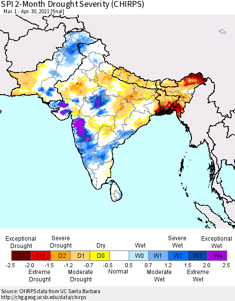 Southern Asia SPI 2-Month Drought Severity (CHIRPS) Thematic Map For 3/1/2021 - 4/30/2021