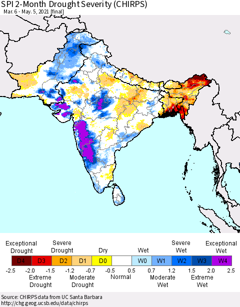 Southern Asia SPI 2-Month Drought Severity (CHIRPS) Thematic Map For 3/6/2021 - 5/5/2021