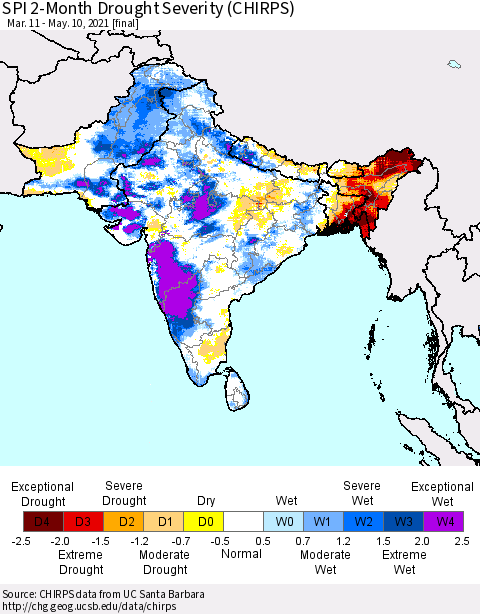 Southern Asia SPI 2-Month Drought Severity (CHIRPS) Thematic Map For 3/11/2021 - 5/10/2021