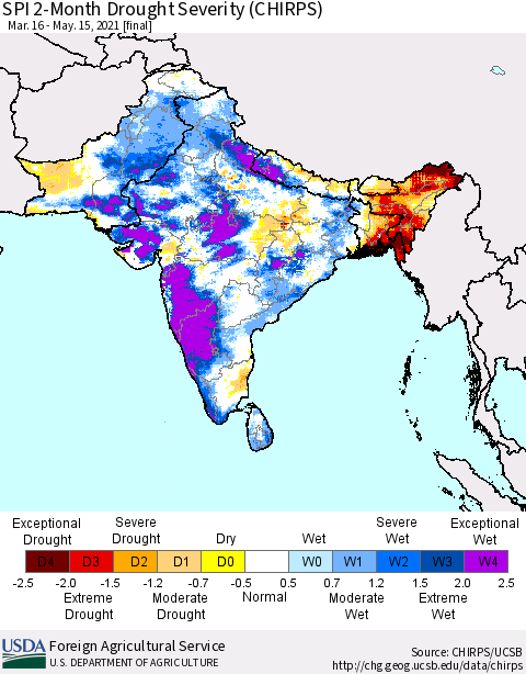Southern Asia SPI 2-Month Drought Severity (CHIRPS) Thematic Map For 3/16/2021 - 5/15/2021
