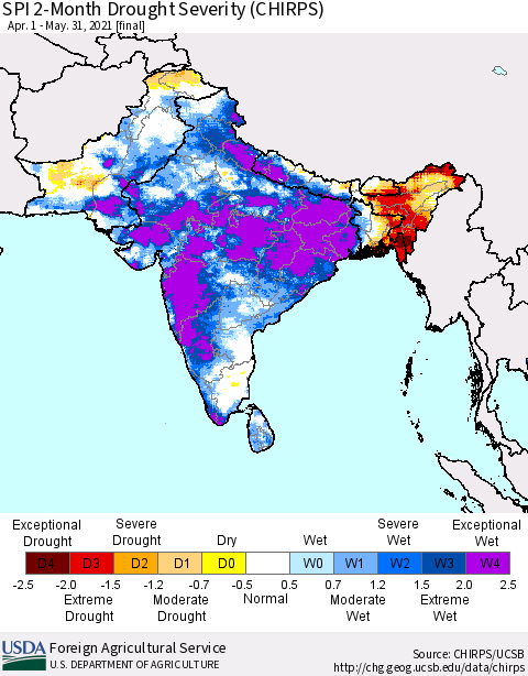 Southern Asia SPI 2-Month Drought Severity (CHIRPS) Thematic Map For 4/1/2021 - 5/31/2021