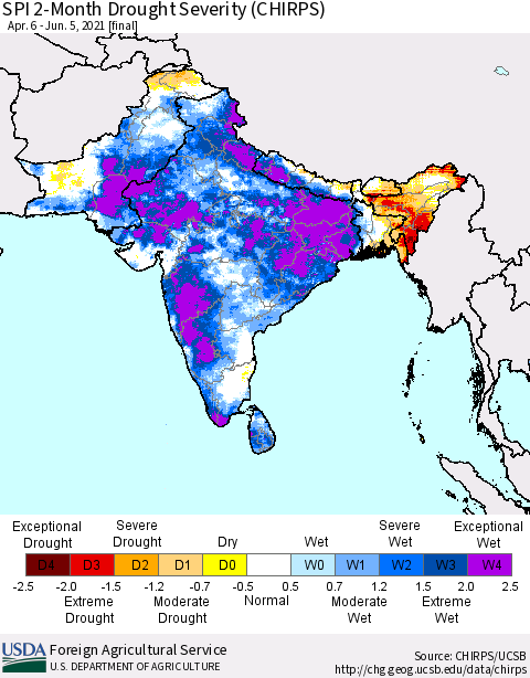 Southern Asia SPI 2-Month Drought Severity (CHIRPS) Thematic Map For 4/6/2021 - 6/5/2021