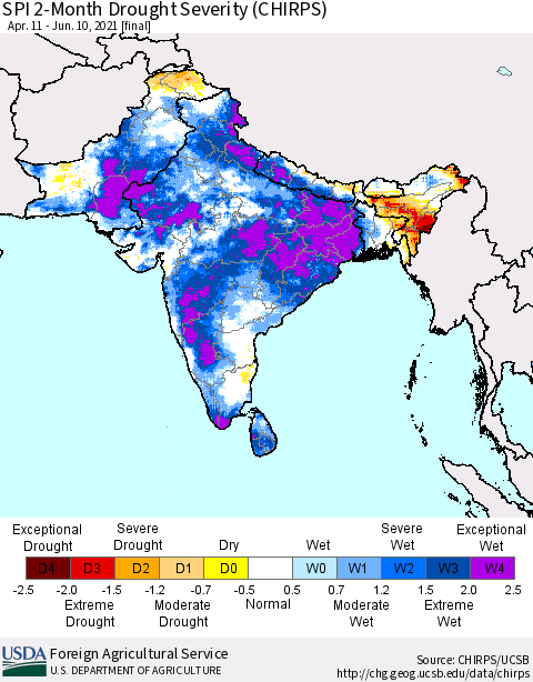 Southern Asia SPI 2-Month Drought Severity (CHIRPS) Thematic Map For 4/11/2021 - 6/10/2021