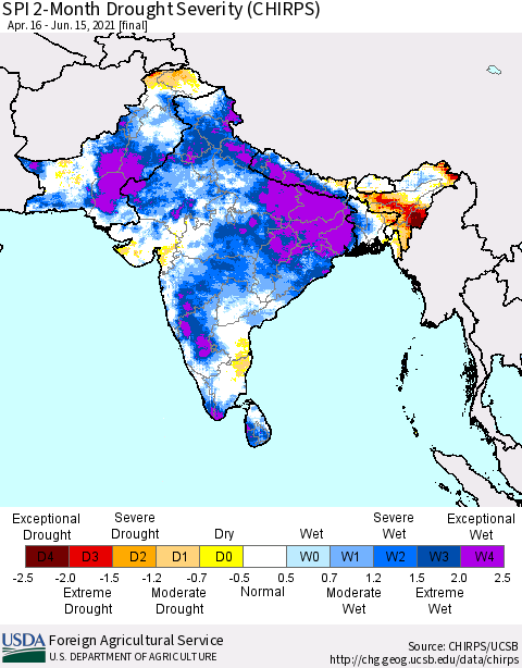 Southern Asia SPI 2-Month Drought Severity (CHIRPS) Thematic Map For 4/16/2021 - 6/15/2021