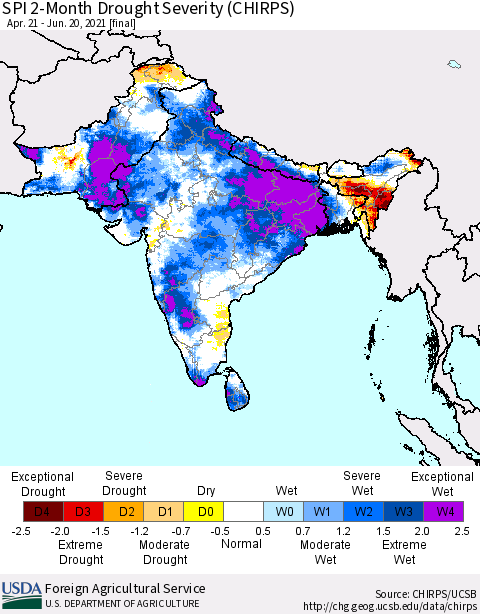 Southern Asia SPI 2-Month Drought Severity (CHIRPS) Thematic Map For 4/21/2021 - 6/20/2021