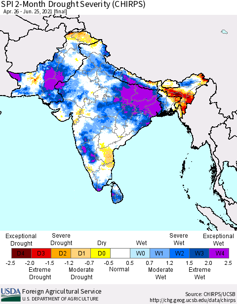 Southern Asia SPI 2-Month Drought Severity (CHIRPS) Thematic Map For 4/26/2021 - 6/25/2021