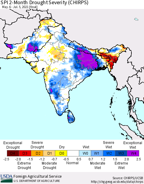 Southern Asia SPI 2-Month Drought Severity (CHIRPS) Thematic Map For 5/6/2021 - 7/5/2021