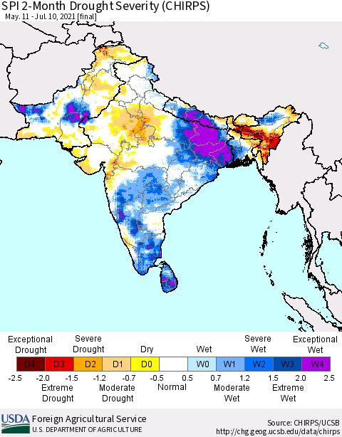 Southern Asia SPI 2-Month Drought Severity (CHIRPS) Thematic Map For 5/11/2021 - 7/10/2021