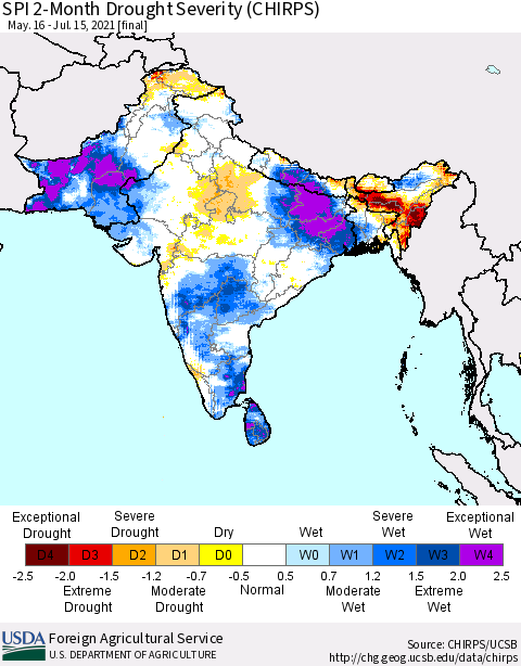 Southern Asia SPI 2-Month Drought Severity (CHIRPS) Thematic Map For 5/16/2021 - 7/15/2021