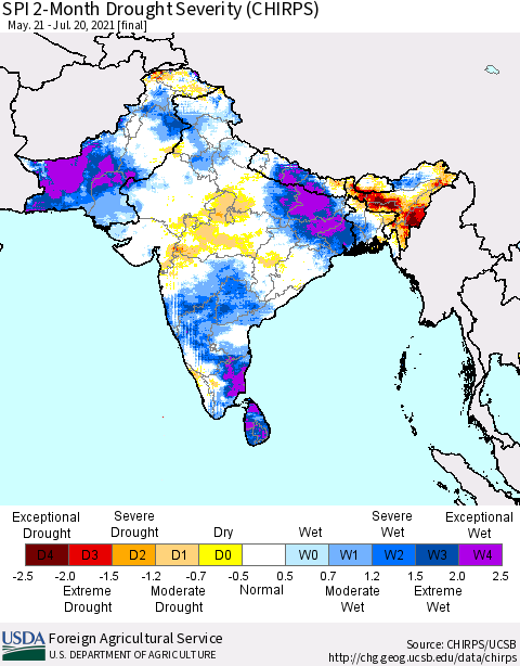 Southern Asia SPI 2-Month Drought Severity (CHIRPS) Thematic Map For 5/21/2021 - 7/20/2021