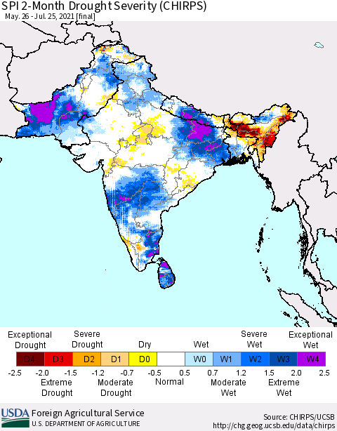 Southern Asia SPI 2-Month Drought Severity (CHIRPS) Thematic Map For 5/26/2021 - 7/25/2021