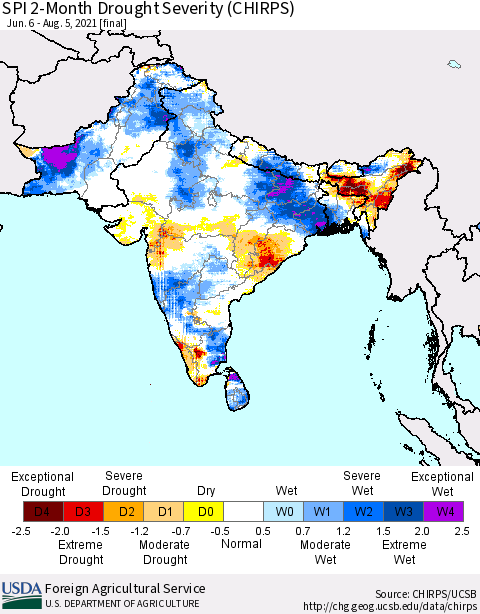 Southern Asia SPI 2-Month Drought Severity (CHIRPS) Thematic Map For 6/6/2021 - 8/5/2021