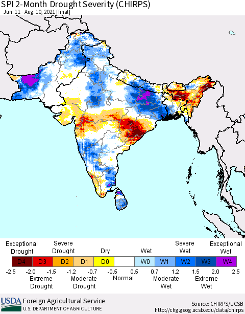 Southern Asia SPI 2-Month Drought Severity (CHIRPS) Thematic Map For 6/11/2021 - 8/10/2021