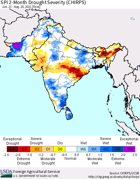 Southern Asia SPI 2-Month Drought Severity (CHIRPS) Thematic Map For 6/21/2021 - 8/20/2021