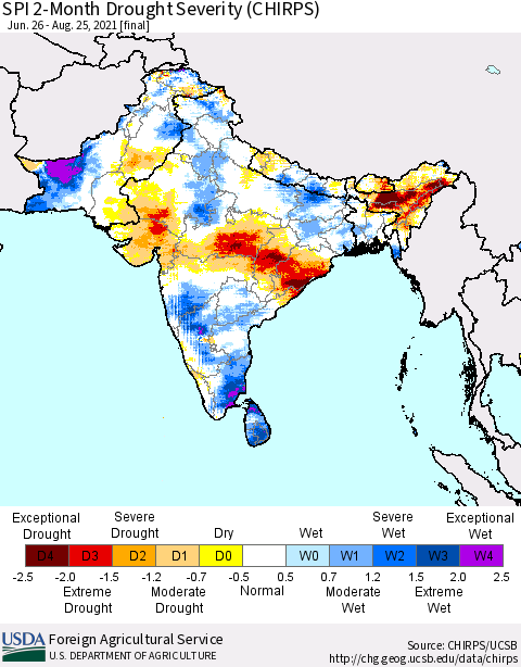 Southern Asia SPI 2-Month Drought Severity (CHIRPS) Thematic Map For 6/26/2021 - 8/25/2021