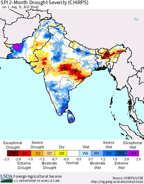 Southern Asia SPI 2-Month Drought Severity (CHIRPS) Thematic Map For 7/1/2021 - 8/31/2021