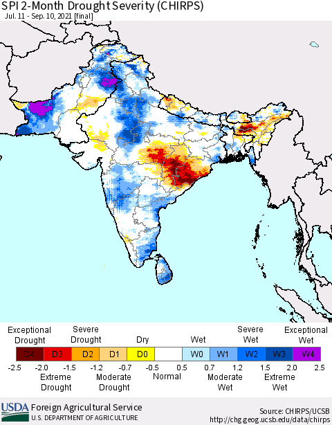 Southern Asia SPI 2-Month Drought Severity (CHIRPS) Thematic Map For 7/11/2021 - 9/10/2021