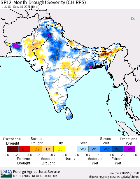 Southern Asia SPI 2-Month Drought Severity (CHIRPS) Thematic Map For 7/16/2021 - 9/15/2021