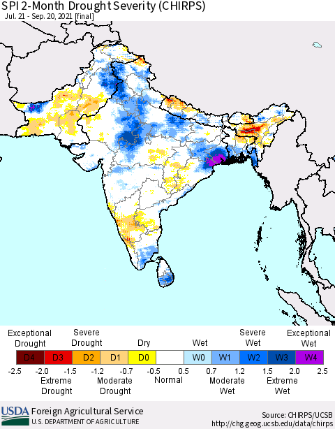 Southern Asia SPI 2-Month Drought Severity (CHIRPS) Thematic Map For 7/21/2021 - 9/20/2021
