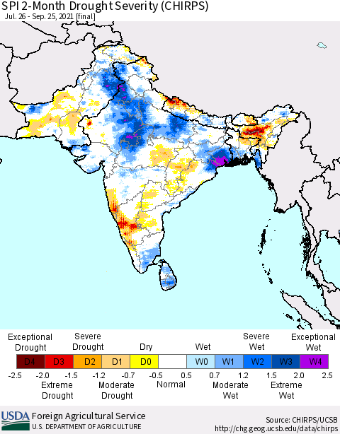 Southern Asia SPI 2-Month Drought Severity (CHIRPS) Thematic Map For 7/26/2021 - 9/25/2021