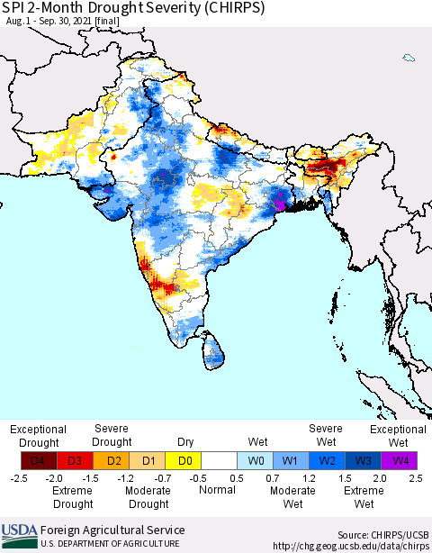 Southern Asia SPI 2-Month Drought Severity (CHIRPS) Thematic Map For 8/1/2021 - 9/30/2021