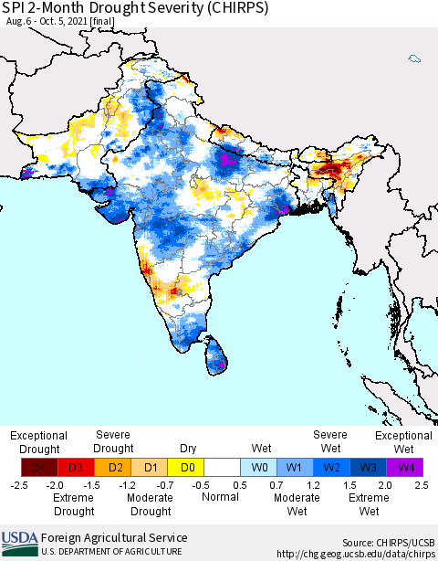 Southern Asia SPI 2-Month Drought Severity (CHIRPS) Thematic Map For 8/6/2021 - 10/5/2021