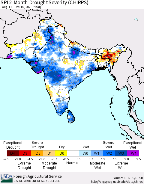 Southern Asia SPI 2-Month Drought Severity (CHIRPS) Thematic Map For 8/11/2021 - 10/10/2021