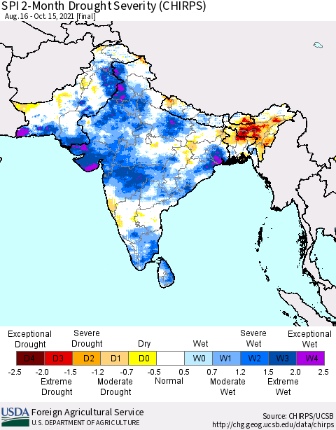 Southern Asia SPI 2-Month Drought Severity (CHIRPS) Thematic Map For 8/16/2021 - 10/15/2021