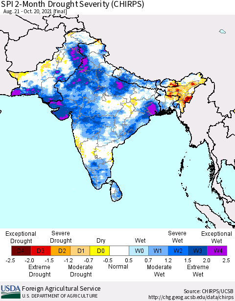 Southern Asia SPI 2-Month Drought Severity (CHIRPS) Thematic Map For 8/21/2021 - 10/20/2021