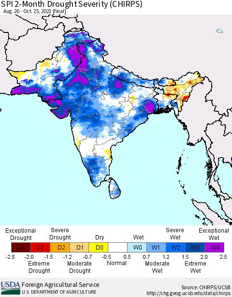 Southern Asia SPI 2-Month Drought Severity (CHIRPS) Thematic Map For 8/26/2021 - 10/25/2021