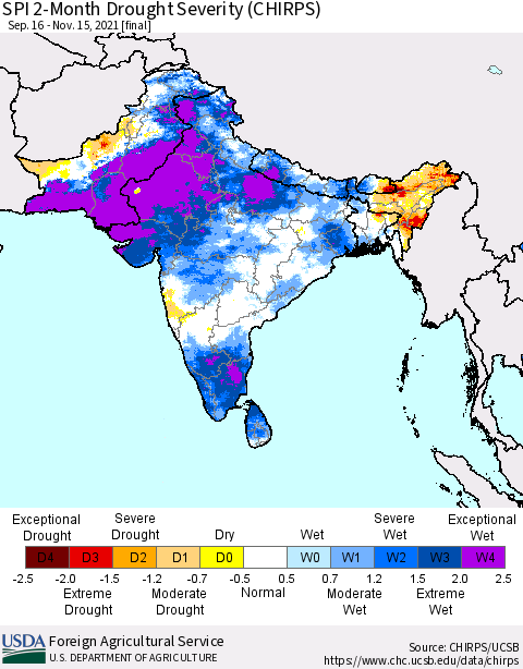 Southern Asia SPI 2-Month Drought Severity (CHIRPS) Thematic Map For 9/16/2021 - 11/15/2021