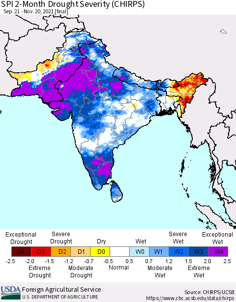 Southern Asia SPI 2-Month Drought Severity (CHIRPS) Thematic Map For 9/21/2021 - 11/20/2021
