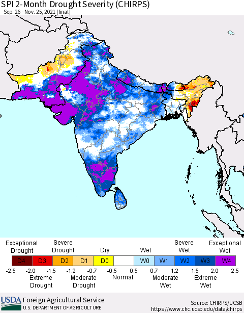 Southern Asia SPI 2-Month Drought Severity (CHIRPS) Thematic Map For 9/26/2021 - 11/25/2021