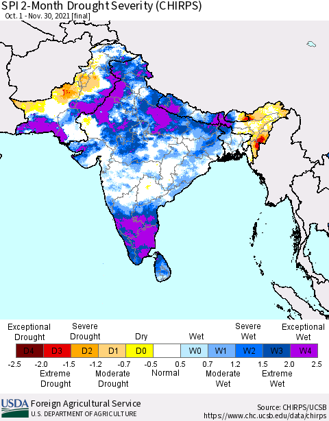 Southern Asia SPI 2-Month Drought Severity (CHIRPS) Thematic Map For 10/1/2021 - 11/30/2021