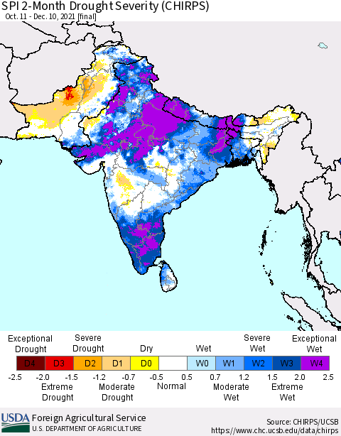 Southern Asia SPI 2-Month Drought Severity (CHIRPS) Thematic Map For 10/11/2021 - 12/10/2021