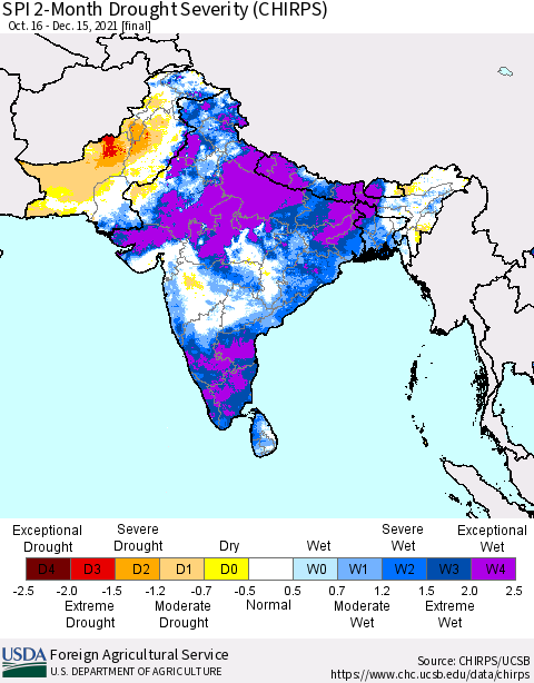 Southern Asia SPI 2-Month Drought Severity (CHIRPS) Thematic Map For 10/16/2021 - 12/15/2021