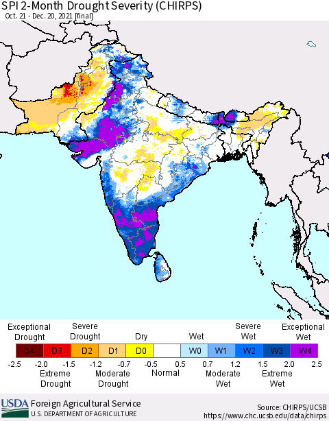 Southern Asia SPI 2-Month Drought Severity (CHIRPS) Thematic Map For 10/21/2021 - 12/20/2021