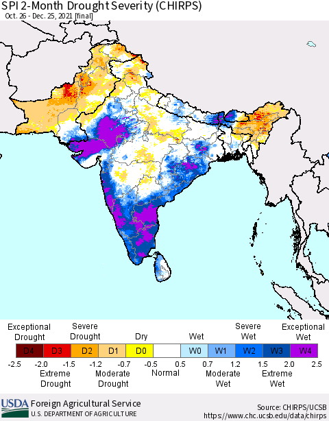 Southern Asia SPI 2-Month Drought Severity (CHIRPS) Thematic Map For 10/26/2021 - 12/25/2021