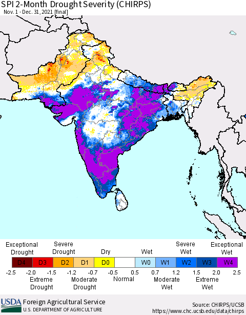 Southern Asia SPI 2-Month Drought Severity (CHIRPS) Thematic Map For 11/1/2021 - 12/31/2021