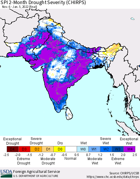 Southern Asia SPI 2-Month Drought Severity (CHIRPS) Thematic Map For 11/6/2021 - 1/5/2022