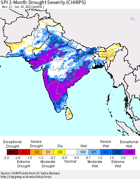 Southern Asia SPI 2-Month Drought Severity (CHIRPS) Thematic Map For 11/11/2021 - 1/10/2022